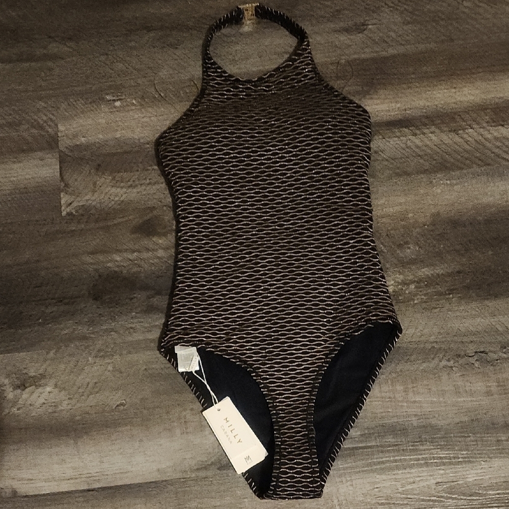 Milly Black and Gold Jackie Textured Waves Halter One Piece Size P